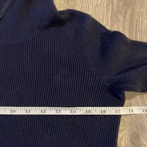 Navy bluel Waffled Ribbed Cowl Neck sweater with drawstring funnel - Picture 2 of 5